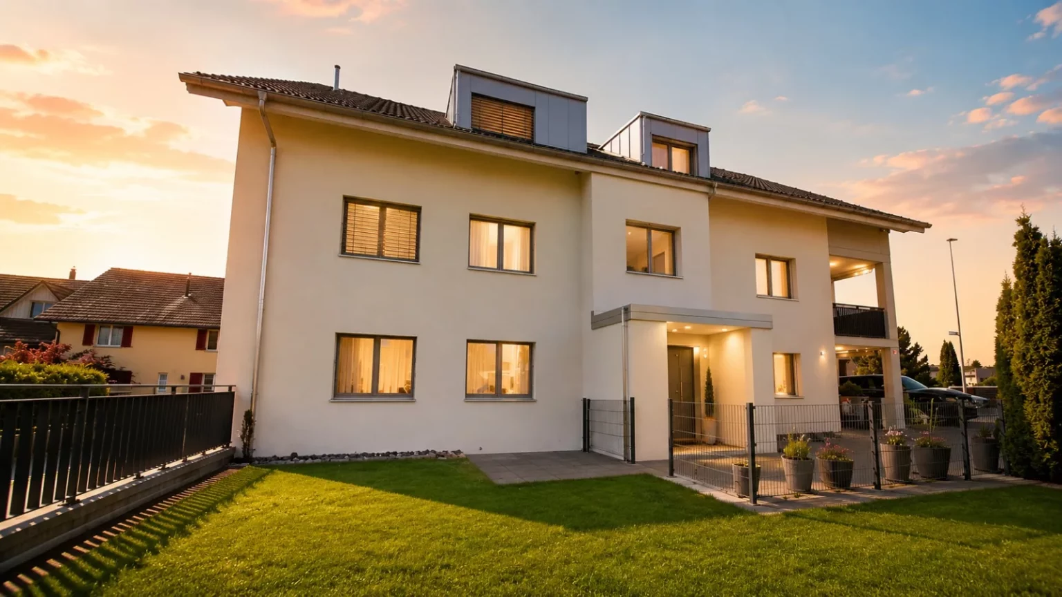 Modernes Einfamilienhaus mit Garten bei Sonnenuntergang