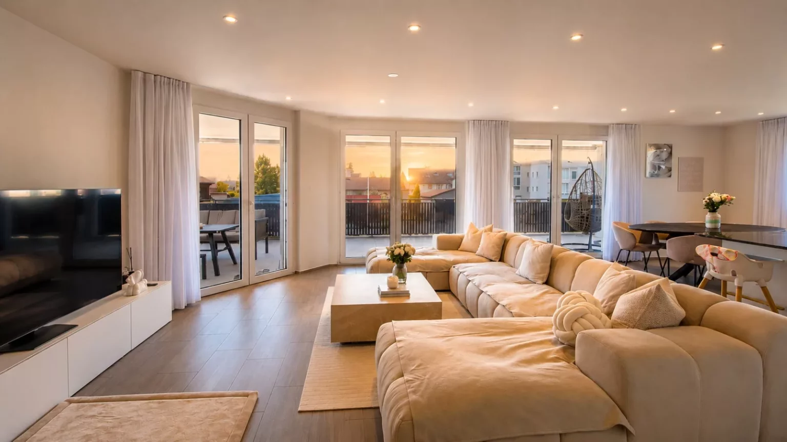 Großzügiges Wohnzimmer mit Essbereich und Terrasse bei Sonnenuntergang