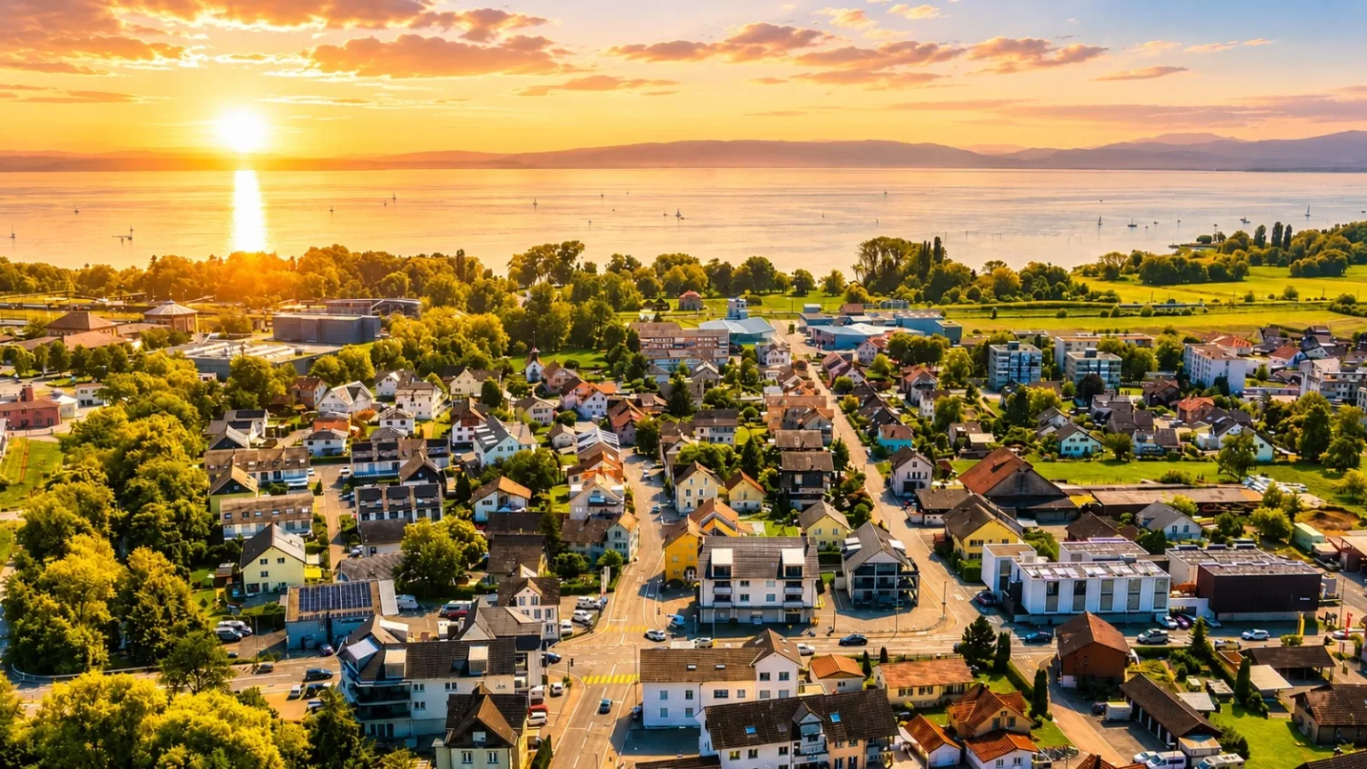 Luftaufnahme einer Küsten- oder Seegemeinde bei Sonnenuntergang