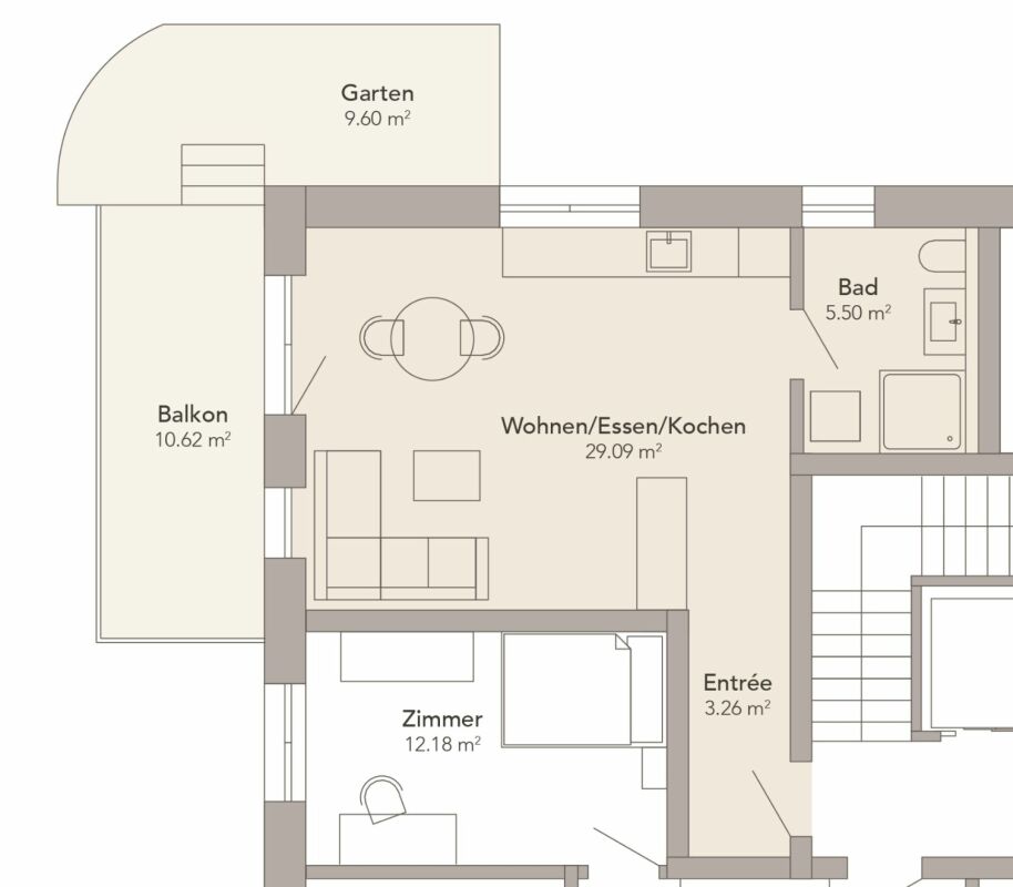 Grundriss mit Balkon, Garten, Wohnbereich, Bad, Zimmer und Entrée