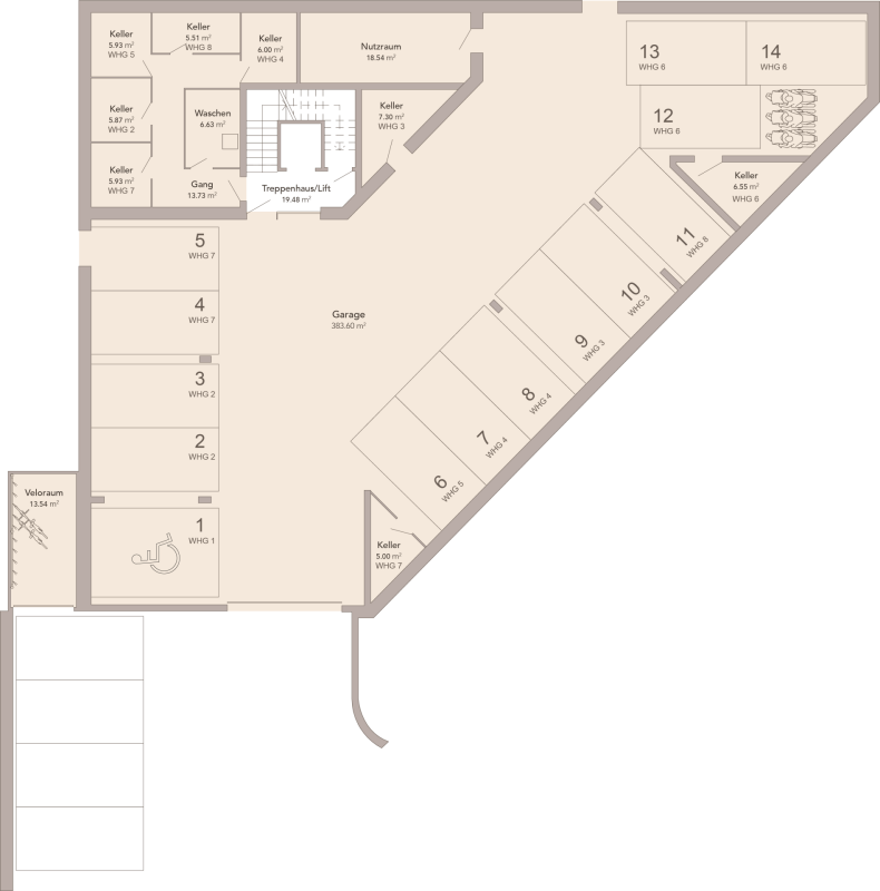 Untergeschoss-Grundriss mit Garage und Kellerräumen