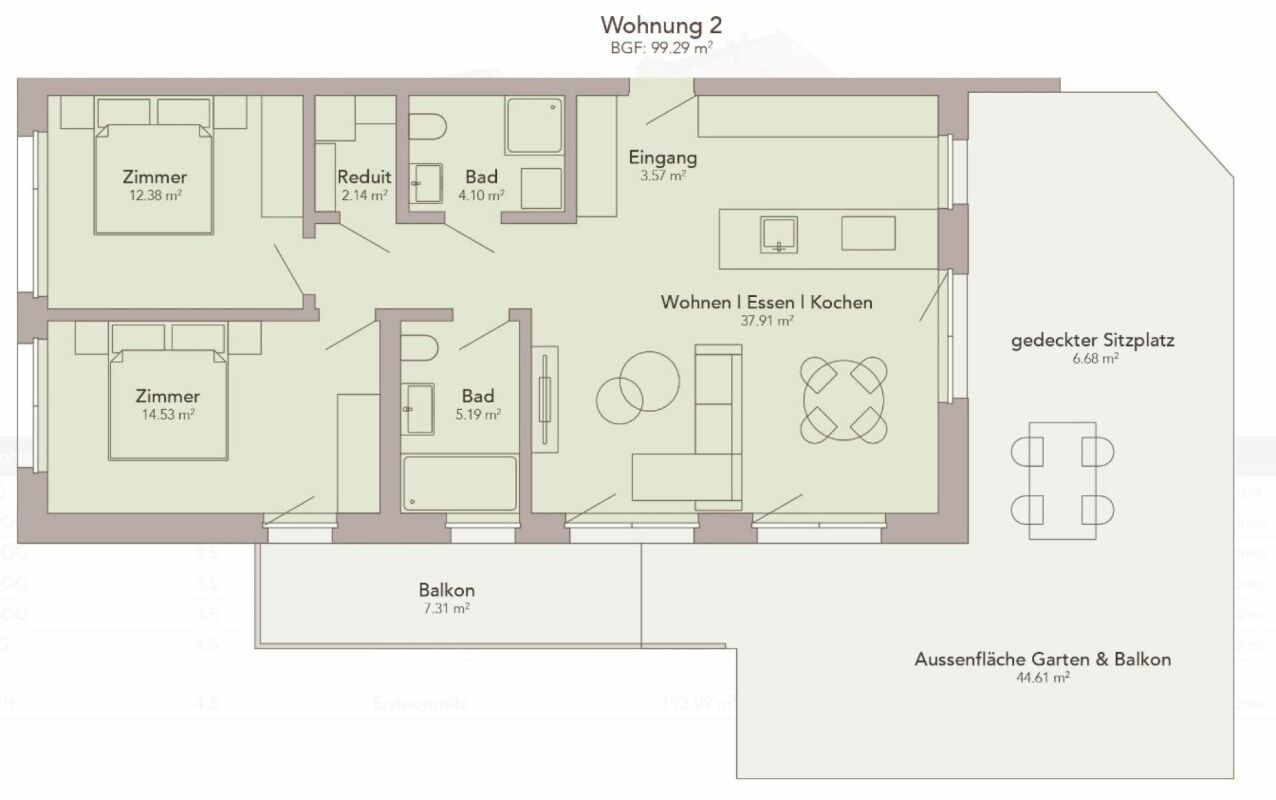 Wohnungsgrundriss mit Balkon und Außenfläche
