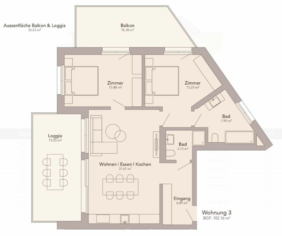 Wohnungs-Grundriss mit Balkon und Loggia