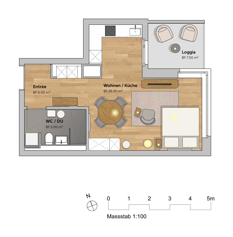 Grundriss einer kleinen Wohnung mit Loggia