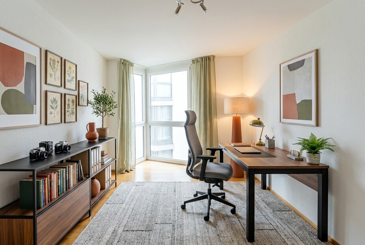Helles Arbeitszimmer mit Fensterfront