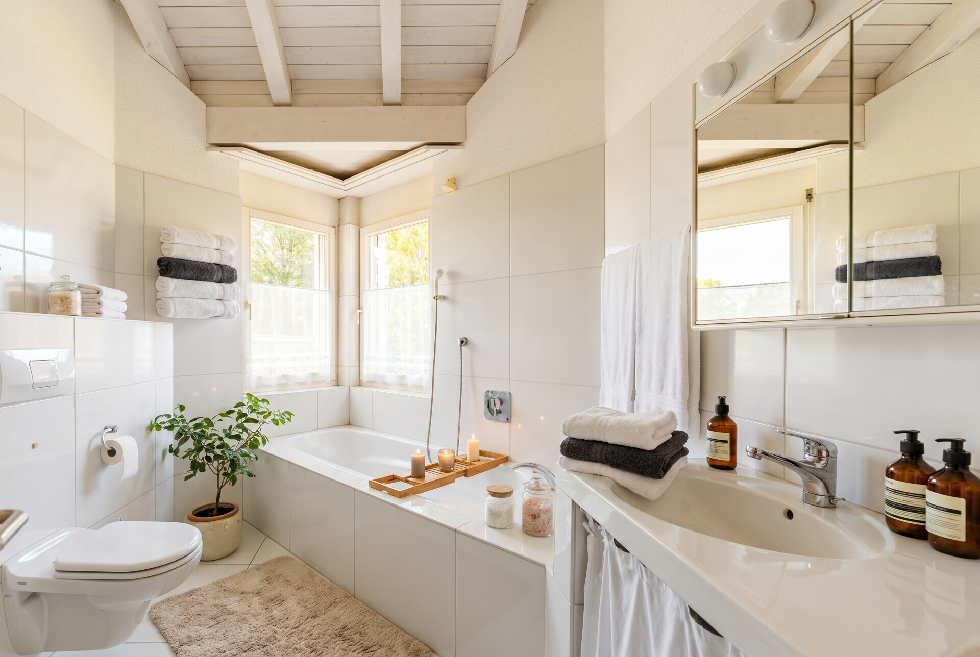 Helles Badezimmer mit Badewanne und zwei Fenstern