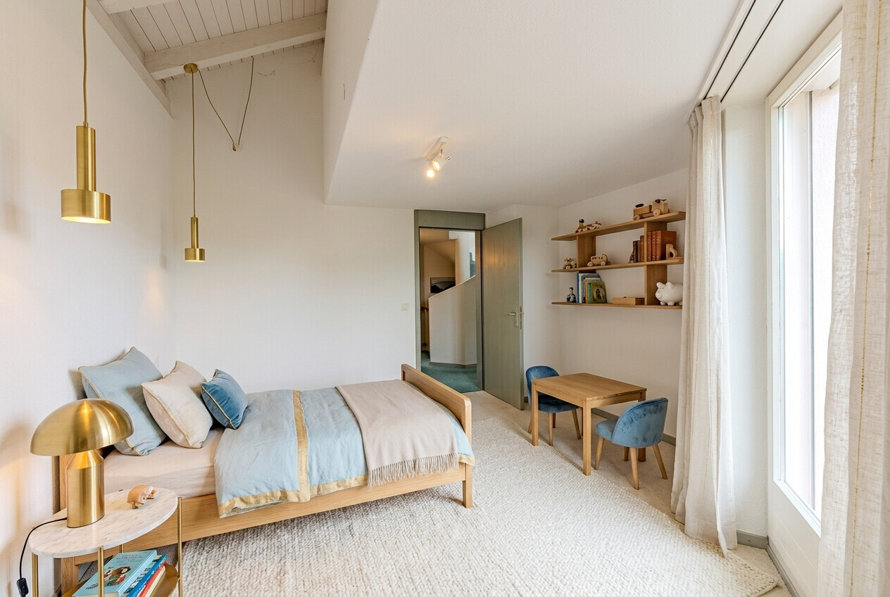 Helles Schlafzimmer mit Schräge und goldenen Leuchten