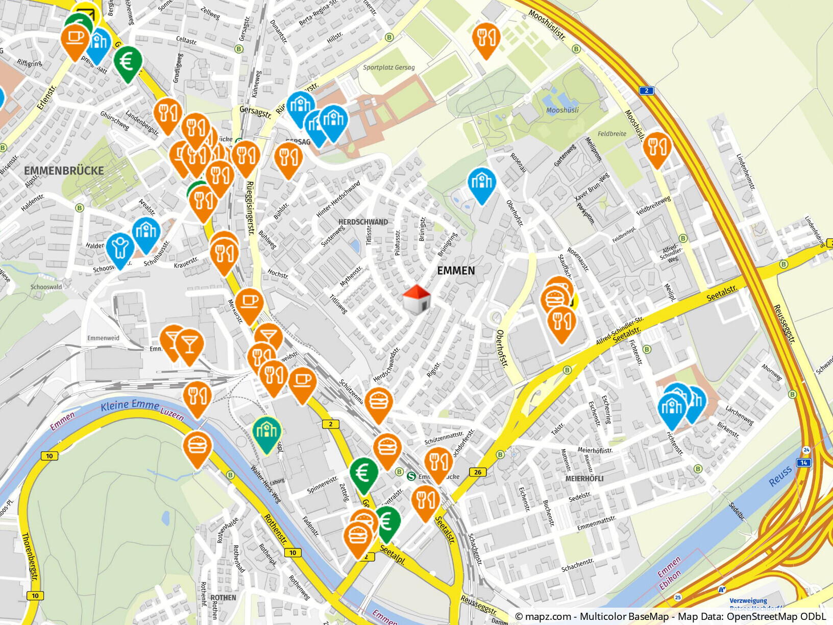 Stadtplan mit Markierungen in Emmen/Emmenbrücke