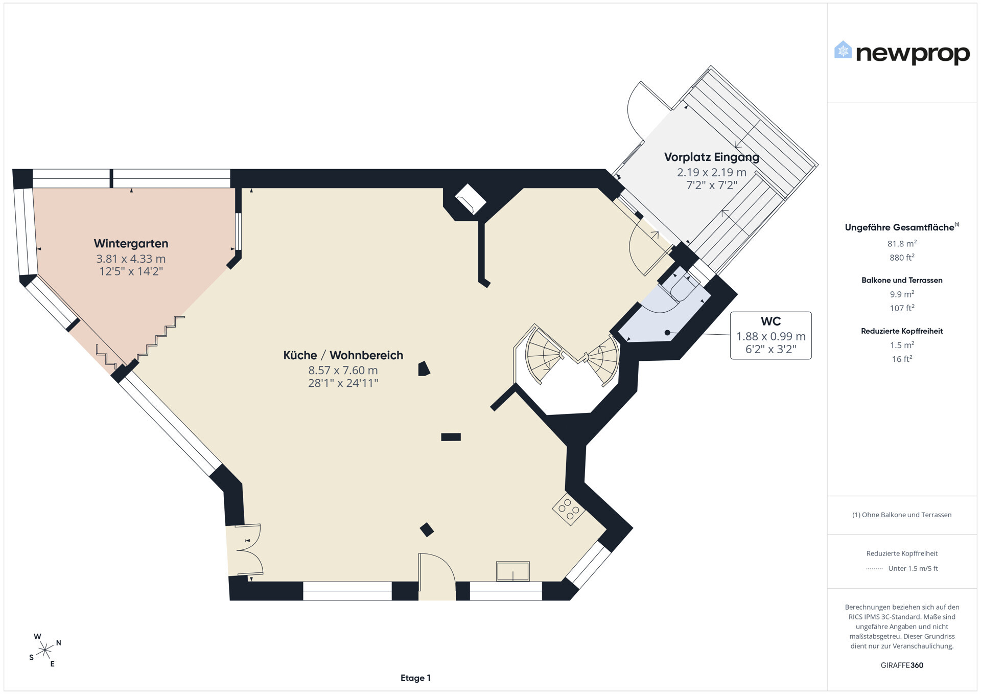 Grundriss einer Wohnung mit Küche/Wohnbereich, Wintergarten, Vorplatz und WC