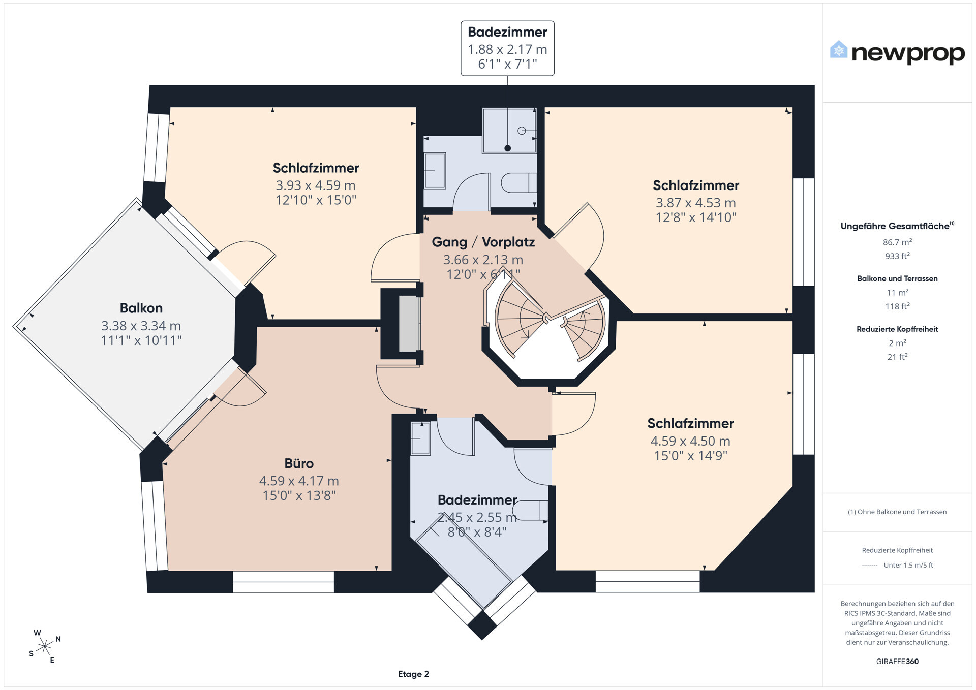 Grundriss einer Wohnung im Dachgeschoss mit Schlafzimmern, Bädern, Büro, Flur und Balkon