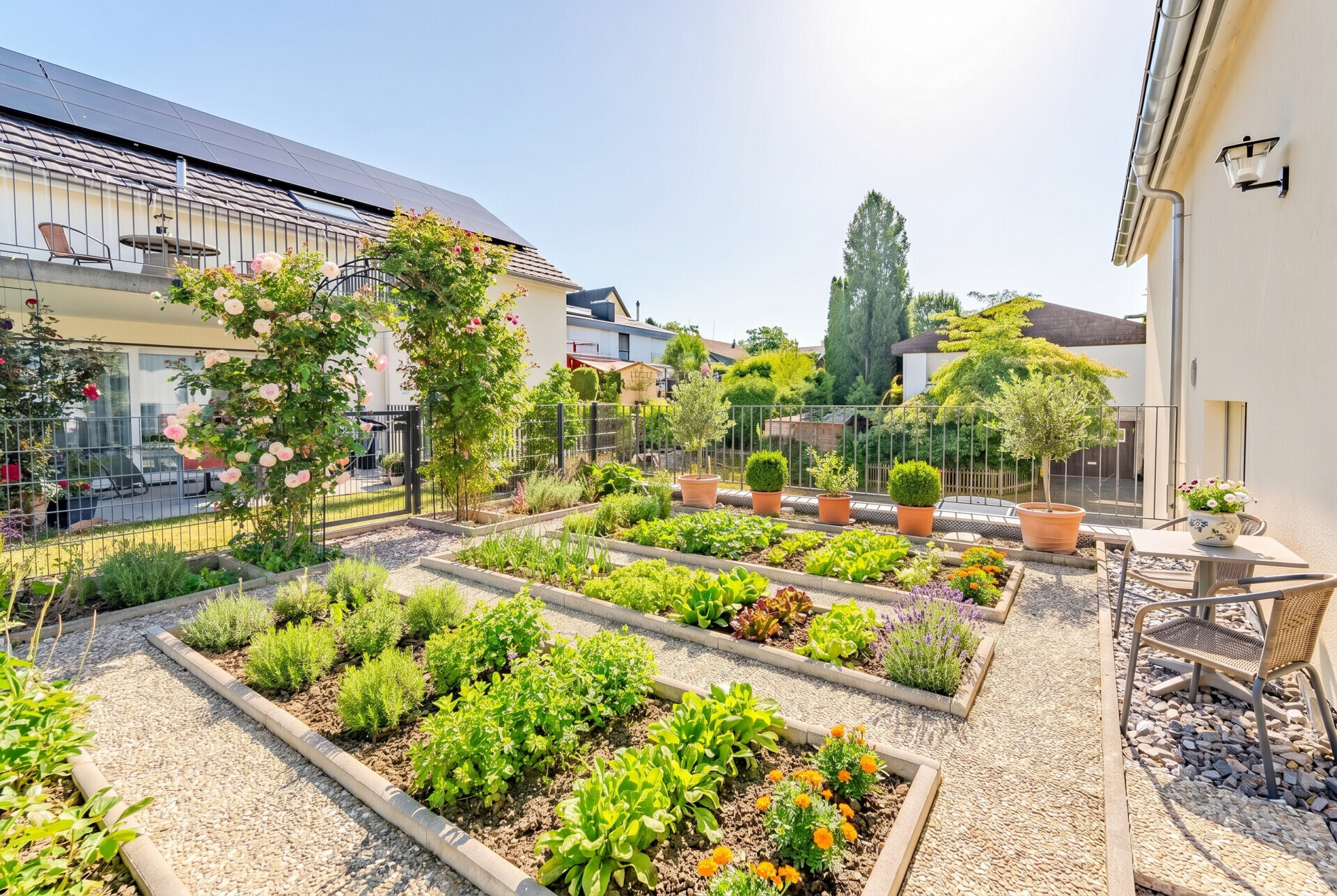 Heller Garten mit Hochbeeten und Terrasse