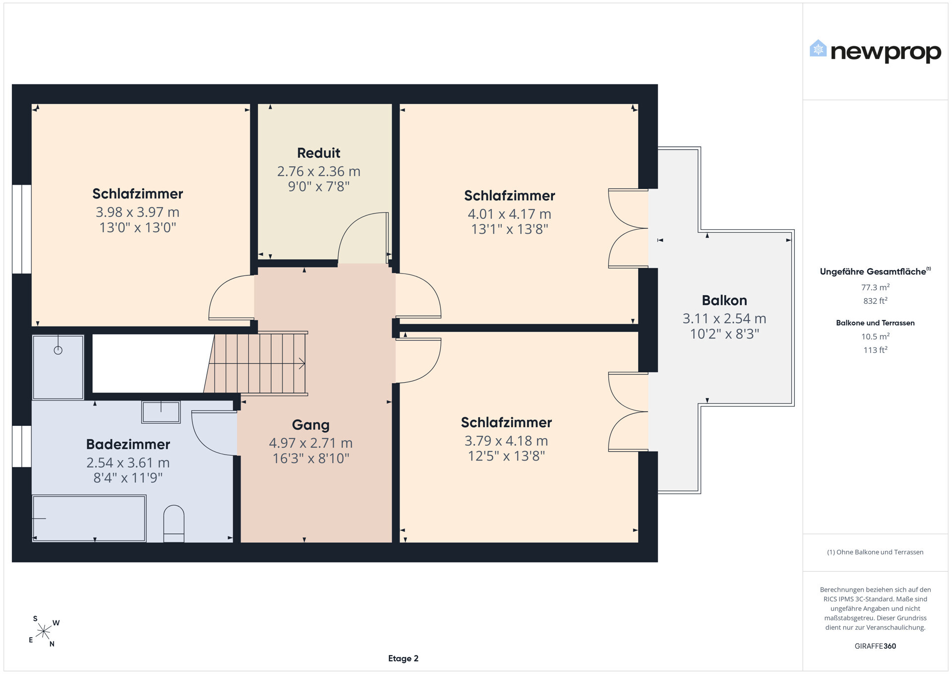 Grundriss einer Wohnung mit drei Schlafzimmern, Bad, Gang, Reduit und Balkon