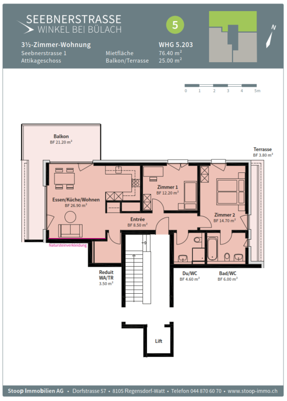 Grundriss einer 3½-Zimmer-Wohnung mit Balkon und Terrasse