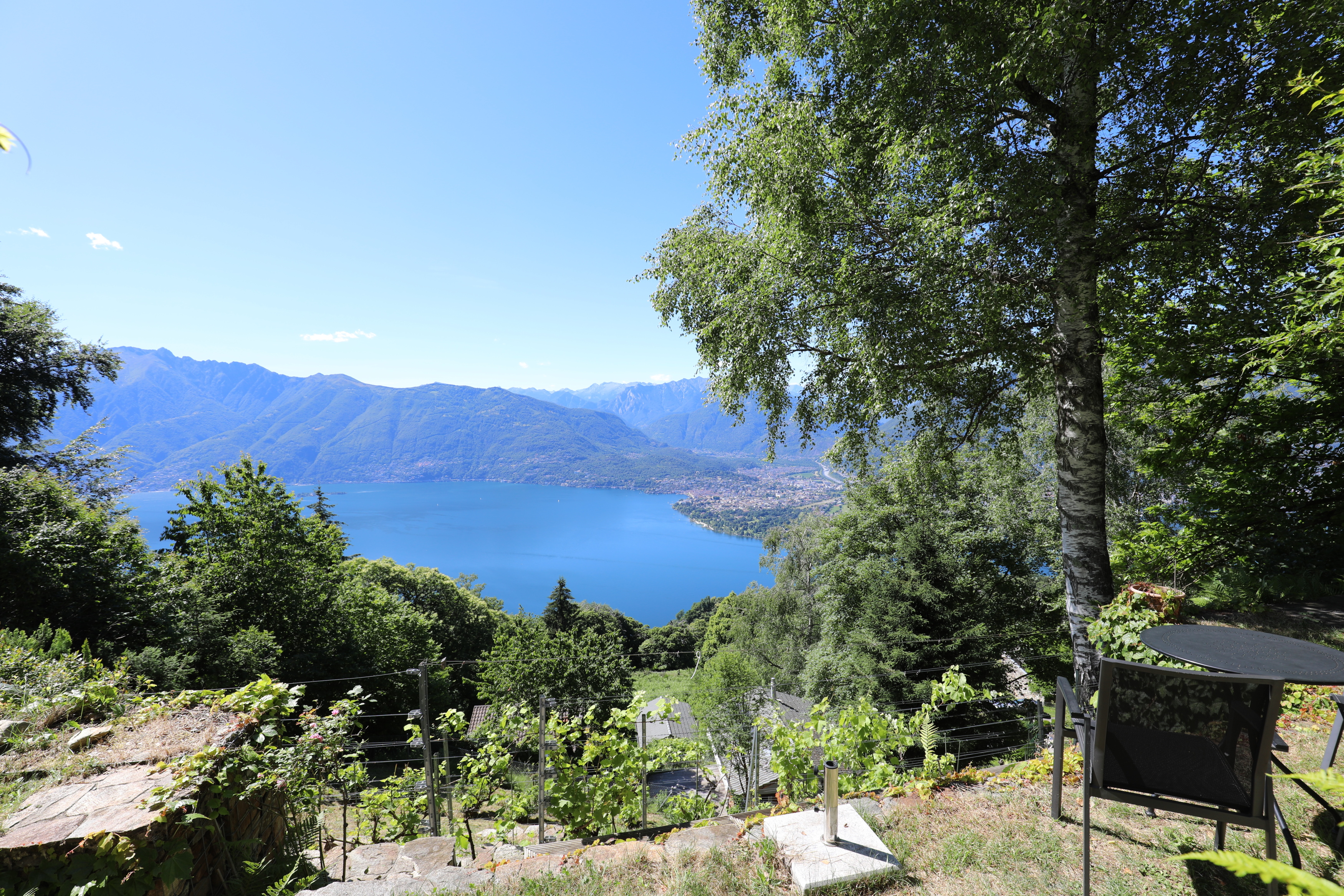 Berg- und Seeblick von einem Gartenhang