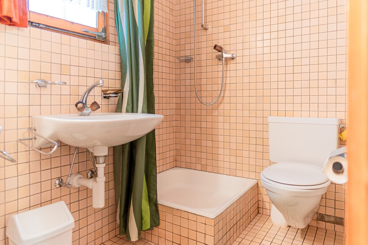 Badezimmer mit Duschbereich und WC
