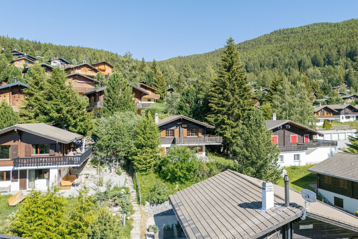 Bergsiedlung mit Chalets und Walmdächern
