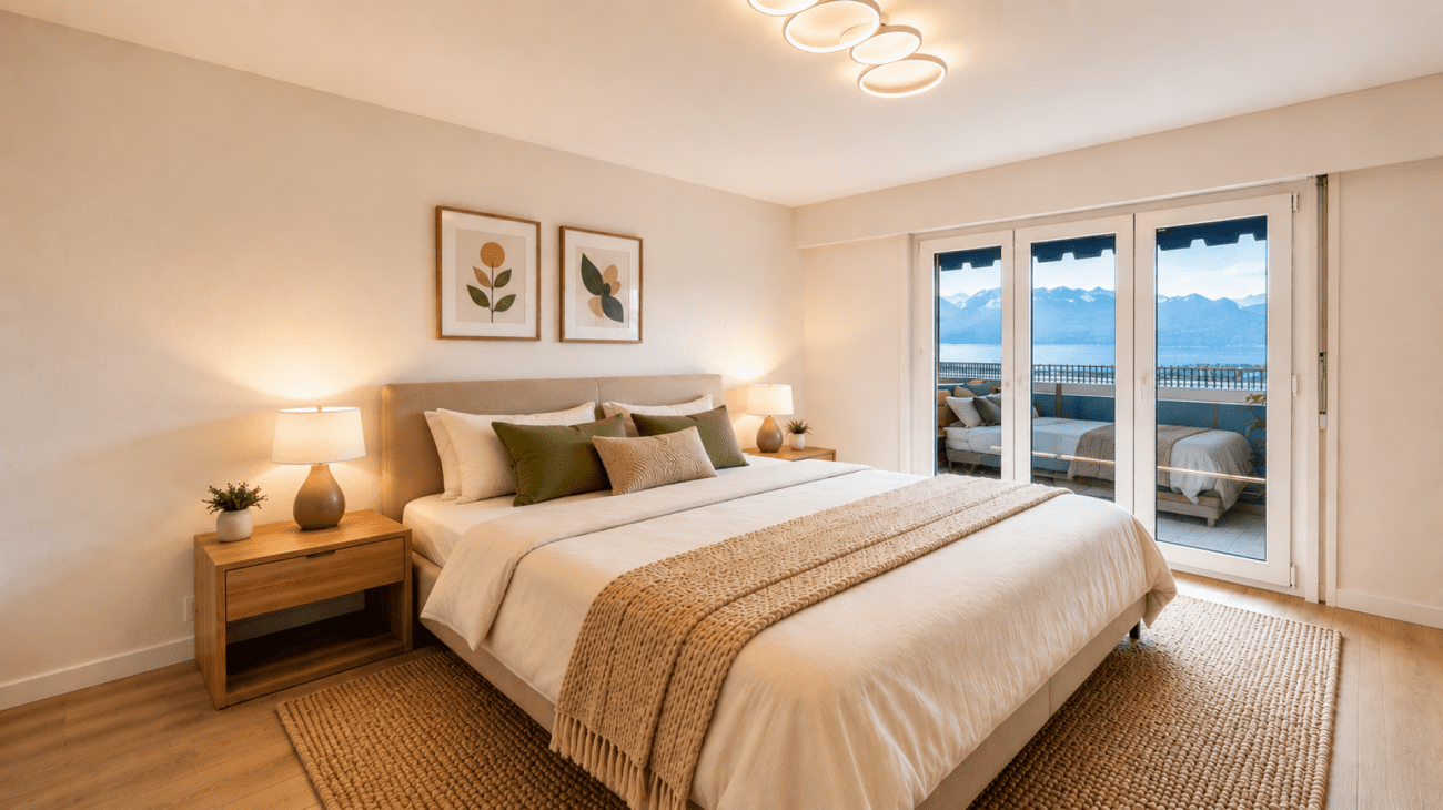 Helles Schlafzimmer mit Seeblick