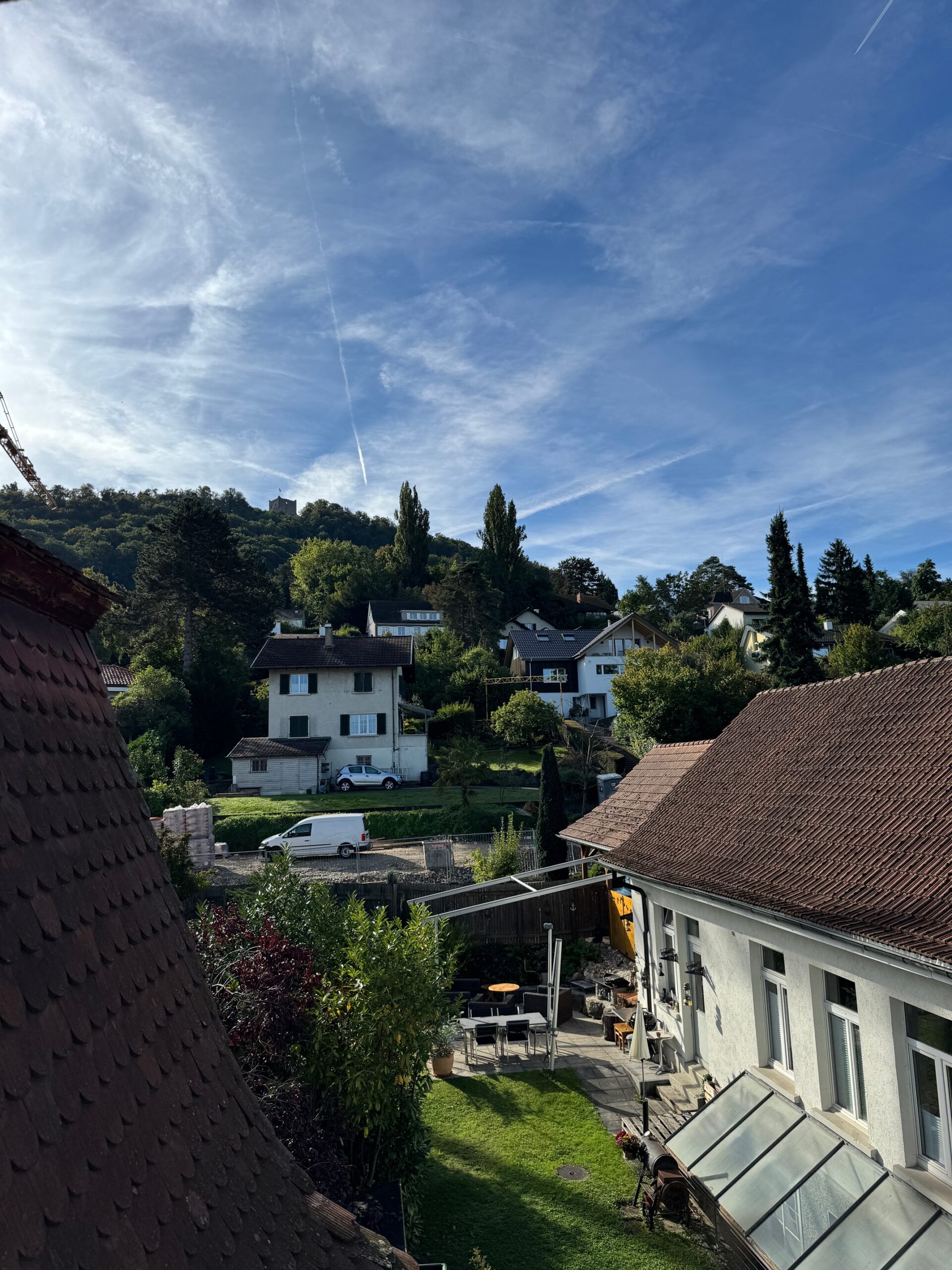 Blick über einen begrünten Wohnbereich mit Nachbarhäusern und Hügelkulisse