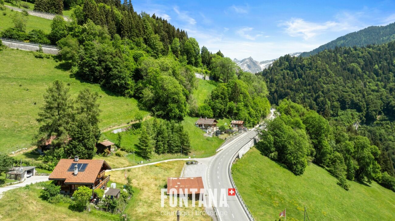 Alpines Tal mit Berghäusern und Serpentinenstraße