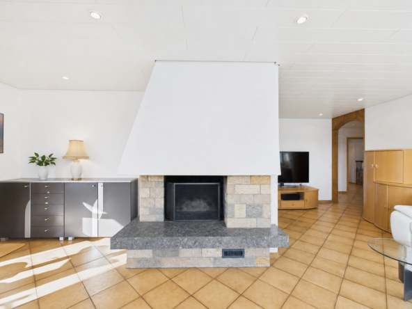 Wohnzimmer mit zentralem Kamin