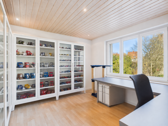 Helles Arbeitszimmer mit Vitrinenschränken und Fensterblick
