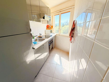 Helle schmale Küche mit Fensterblick