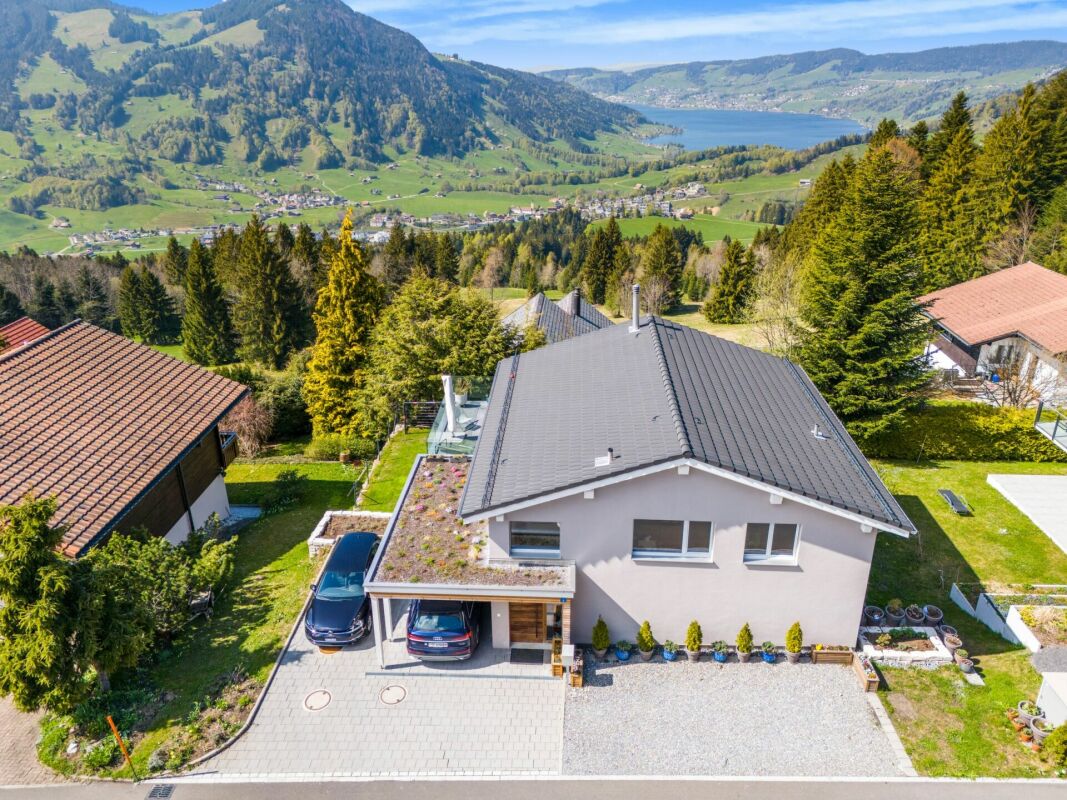 Luftaufnahme eines Hauses mit Seeblick