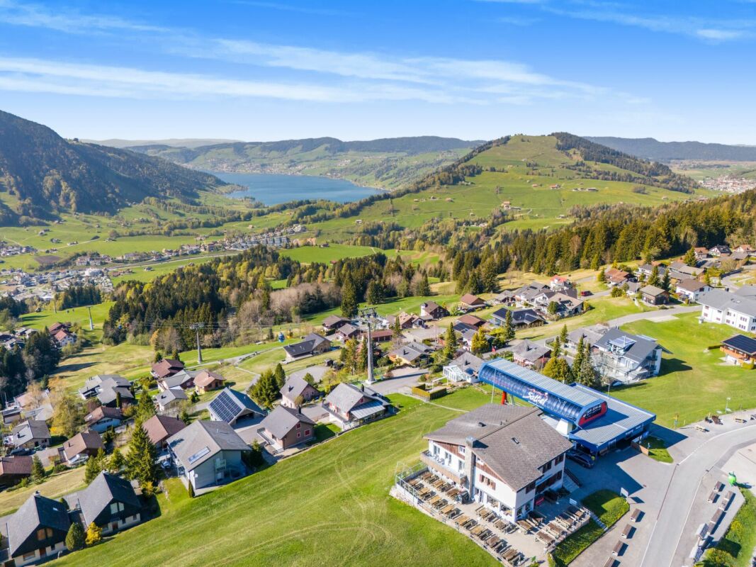 Luftaufnahme einer alpinen Siedlung mit See und Bergen