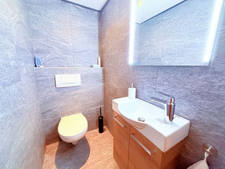 Kompaktes Gäste-WC mit Holzwaschtisch