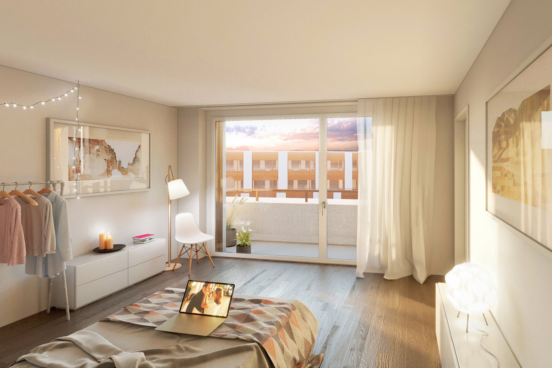 Helles, modern eingerichtetes Schlafzimmer mit Balkonzugang