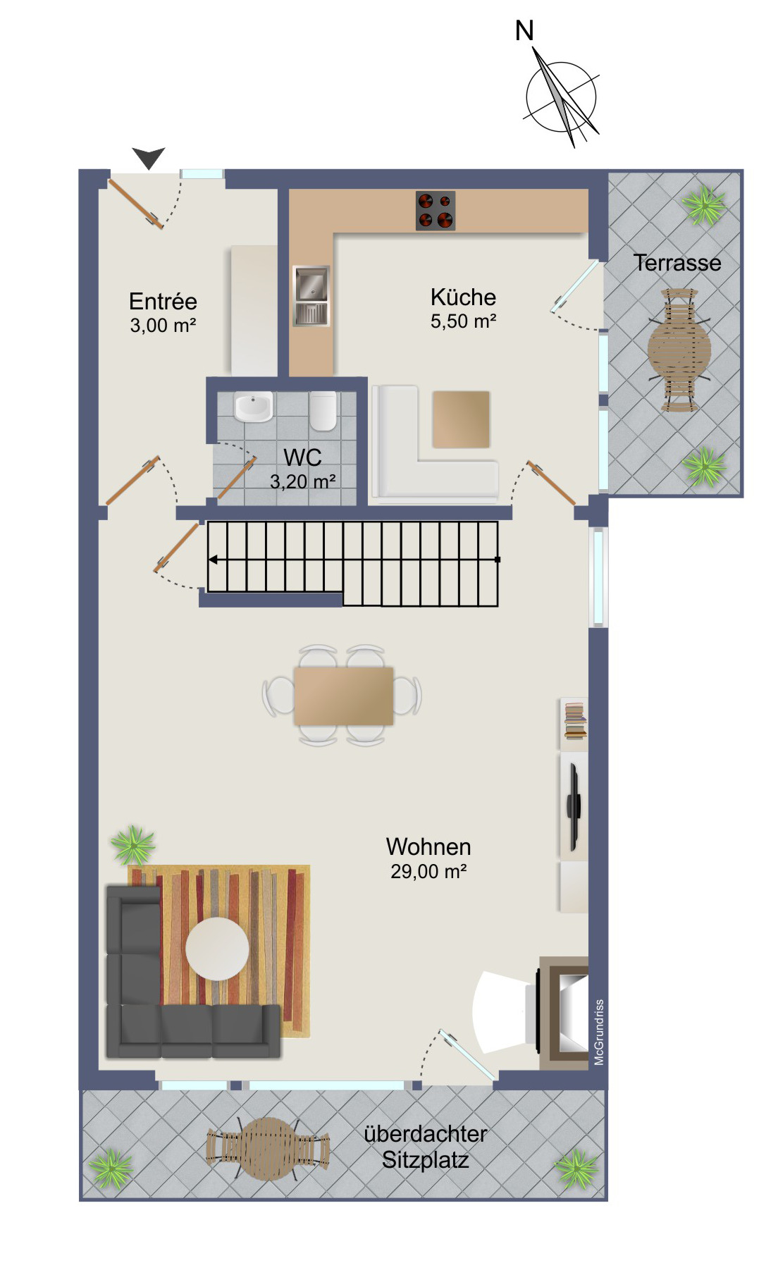 Grundriss mit Wohnbereich, Küche, WC, Eingang und Terrassenflächen
