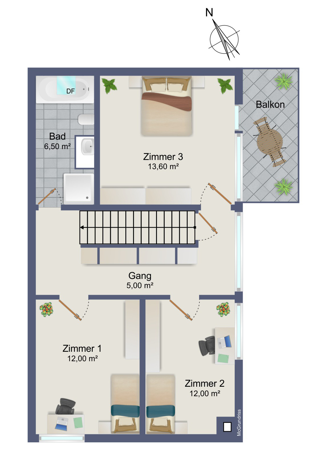 Grundriss einer Wohnung mit drei Zimmern, Bad, Gang und Balkon