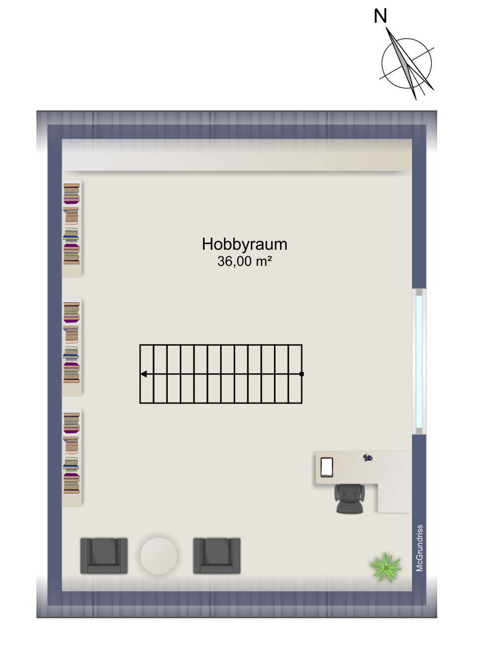 Hobbyraum mit Treppe und Arbeitsbereich