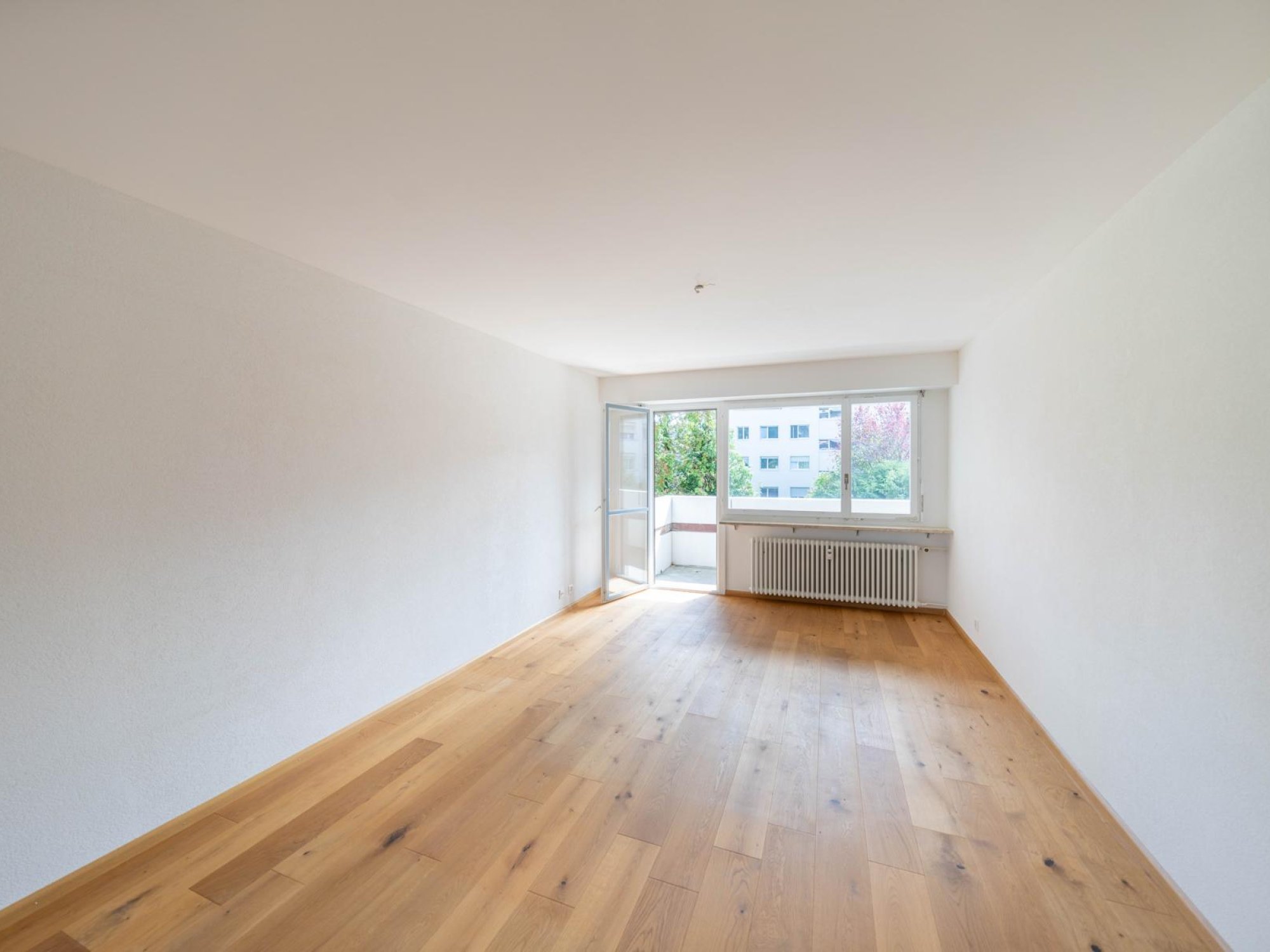 Heller leerer Wohnraum mit Balkon und Parkett