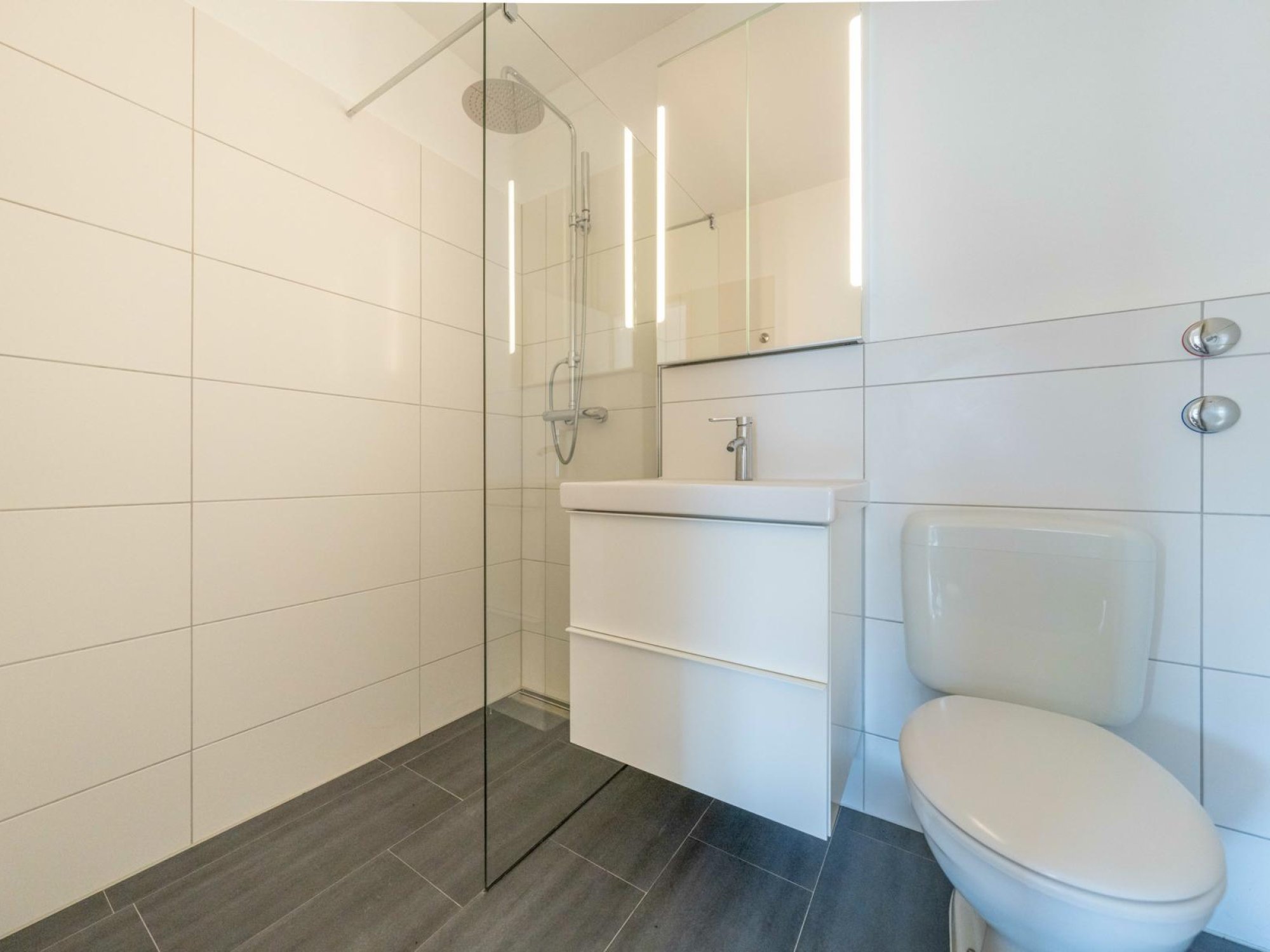 Modernes, weißes Badezimmer mit Dusche und WC