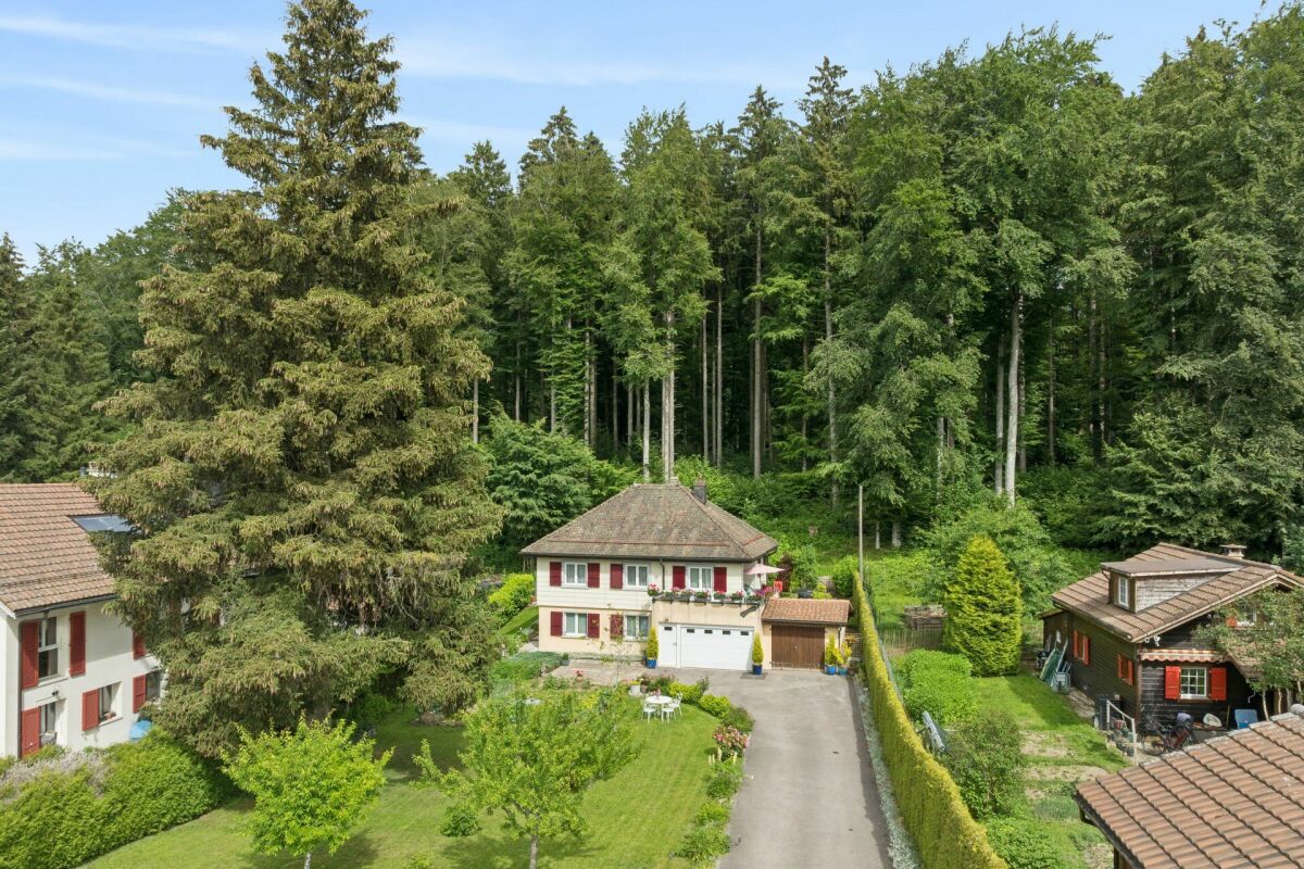 Luftaufnahme eines Hauses am Waldrand