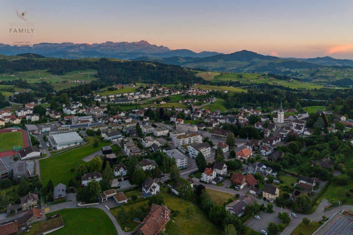 Luftaufnahme einer Gemeinde mit Bergpanorama