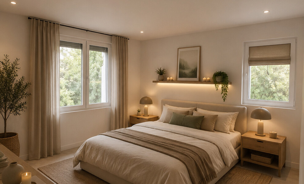 Helles Schlafzimmer mit zwei Fenstern und gemütlicher Einrichtung