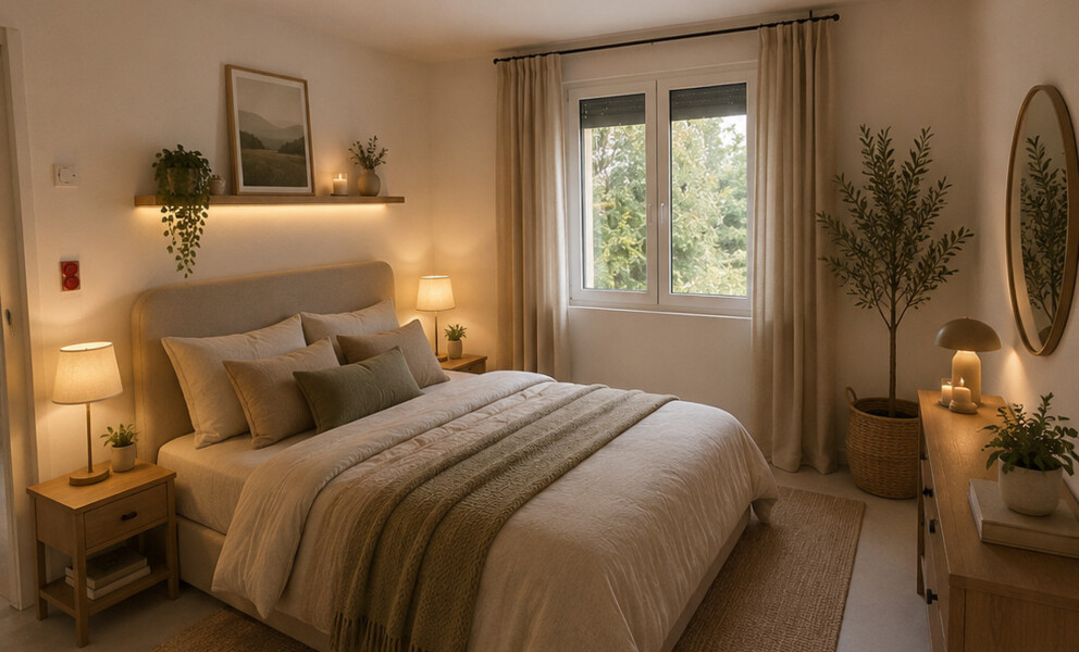 Gemütliches Schlafzimmer mit warmem Staging