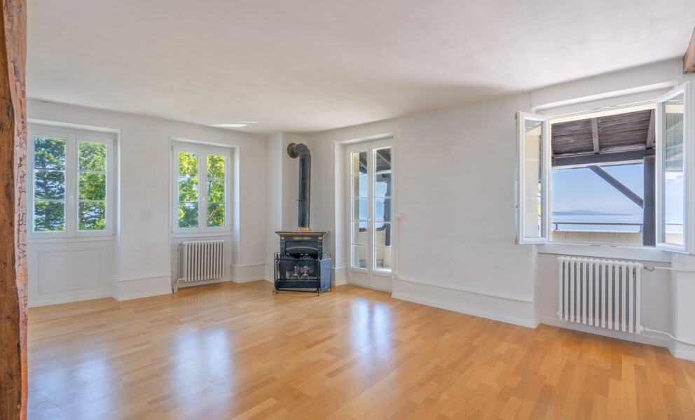 Heller Wohnraum mit Kamin und Meerblick