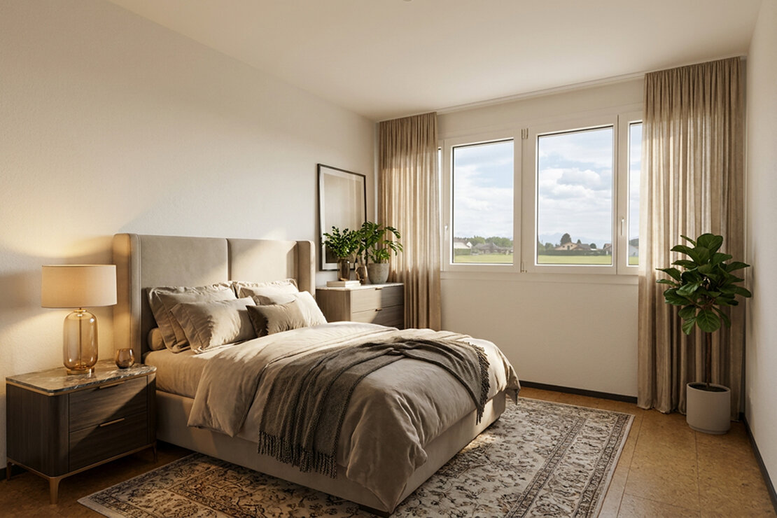 Schlafzimmer mit großer Fensterfront