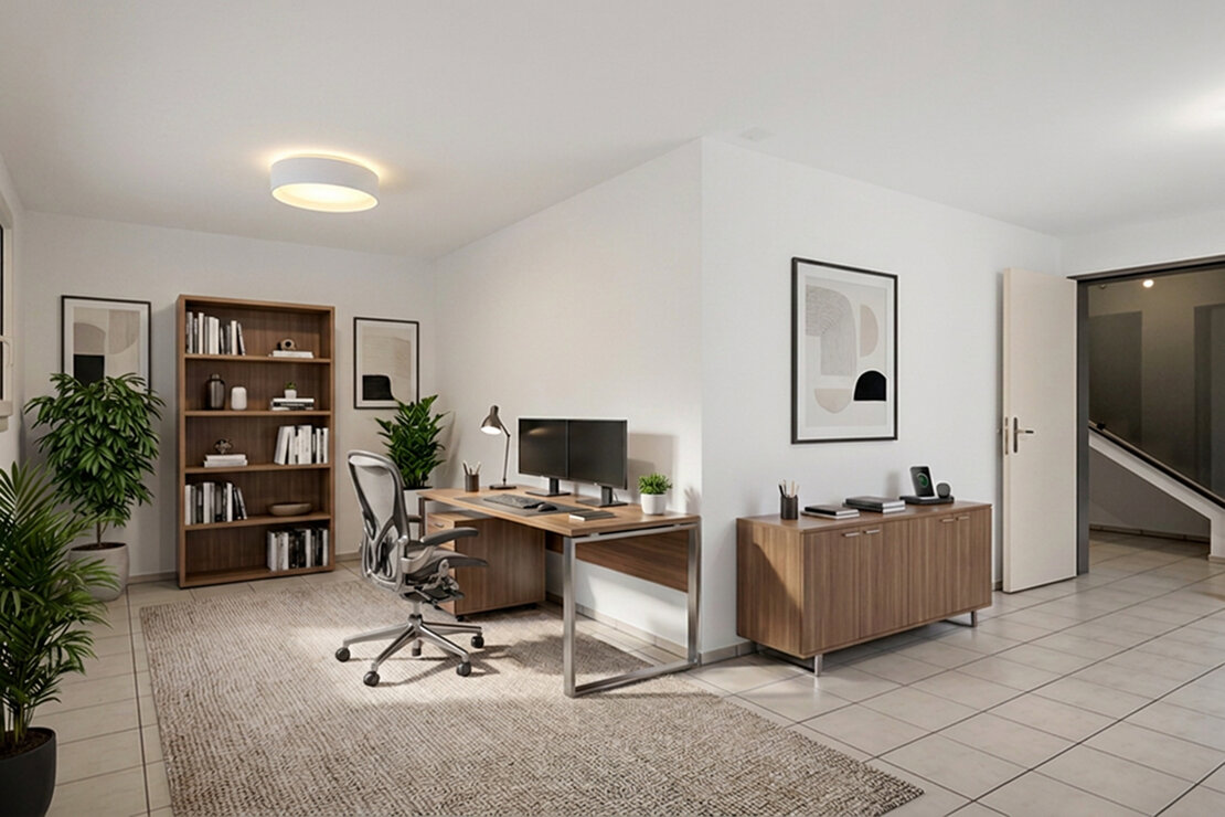 Modernes Homeoffice mit minimalistischer Einrichtung