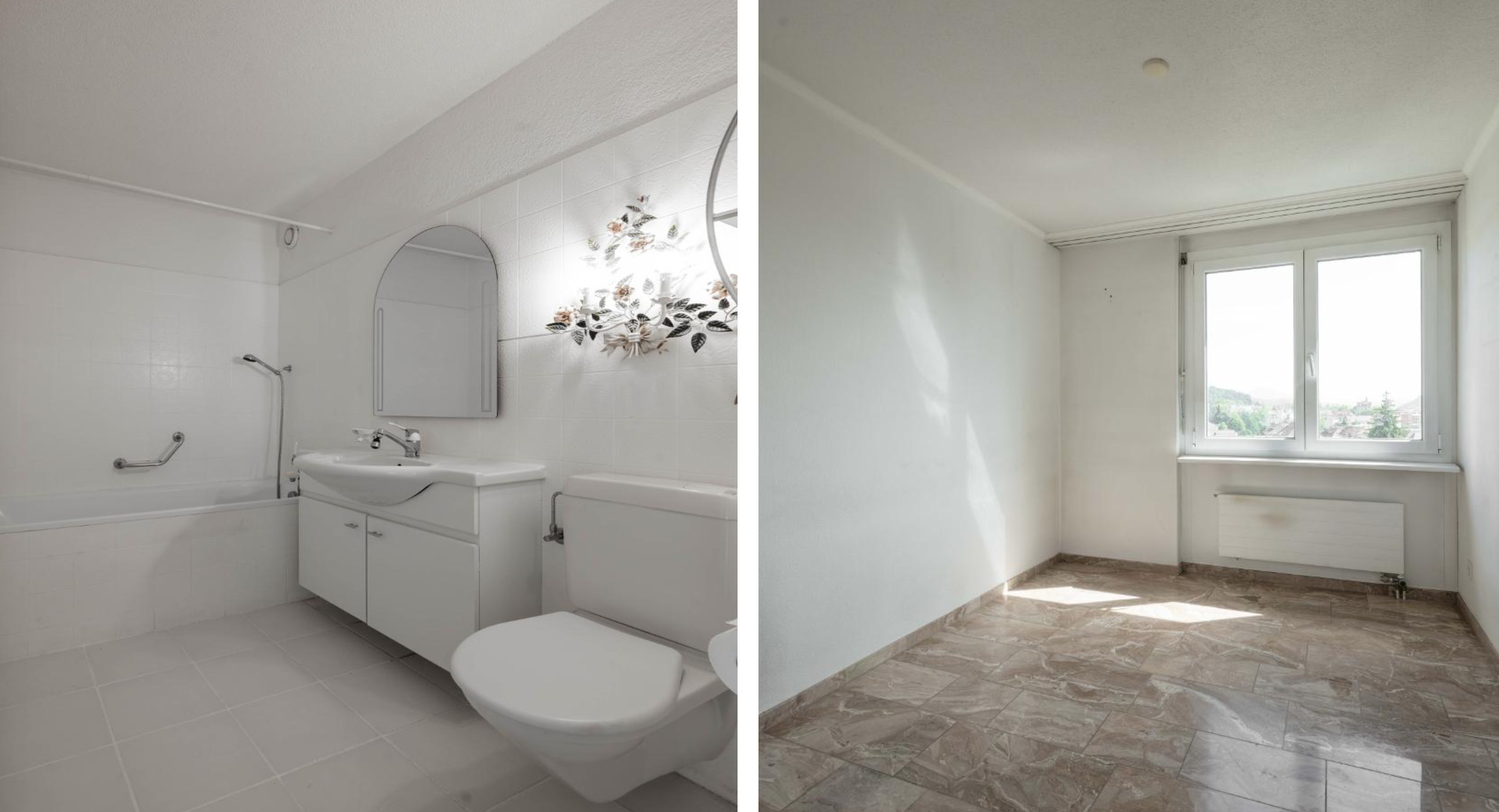 Badezimmer und leeres Zimmer mit Fenster