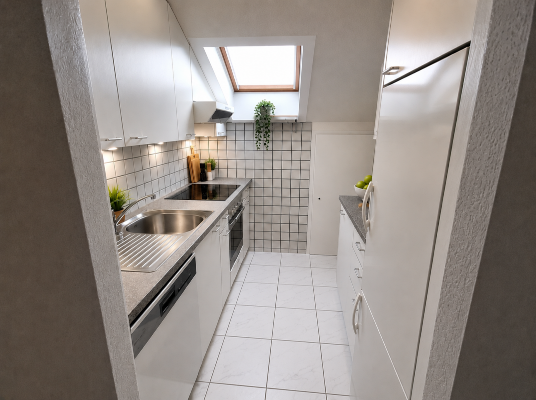 Schmale, helle Küche mit Dachfenster