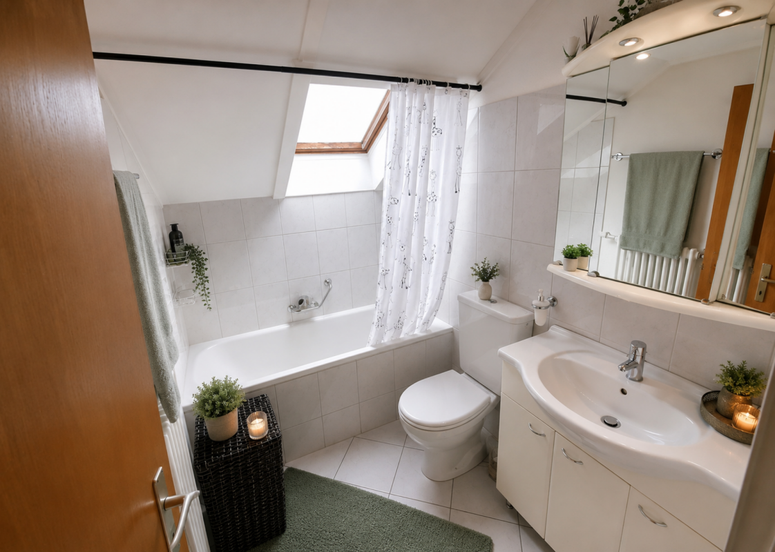 Helles Badezimmer mit Badewanne, Waschtisch und Dachfenster