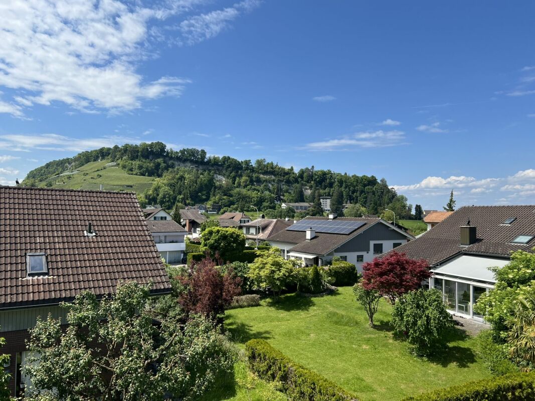 Wohngebiet mit Garten und Hügelblick