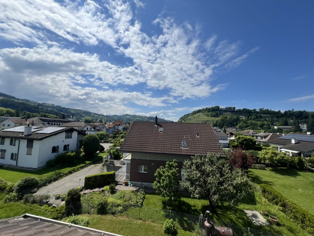 Wohngebiet mit Haus, Garten und Bergblick