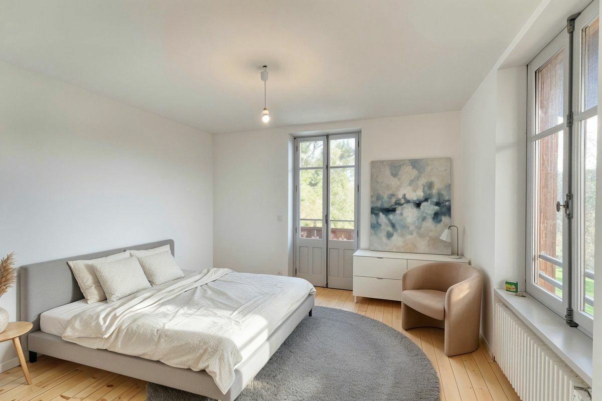 Helles Schlafzimmer mit moderner, reduzierter Einrichtung