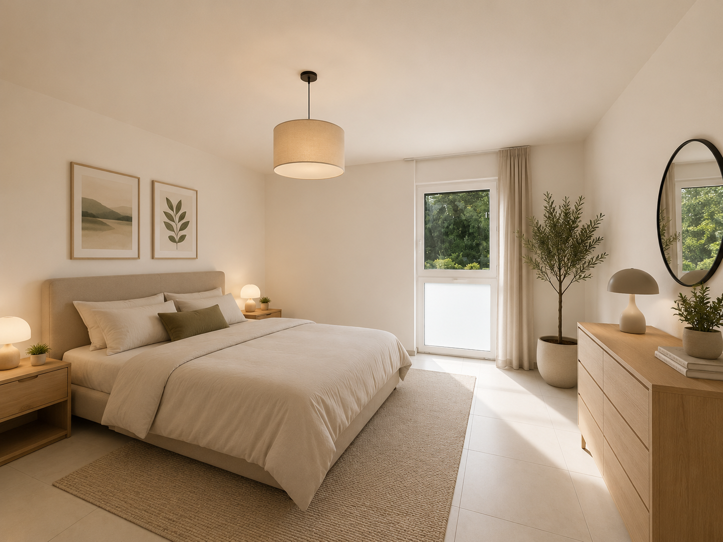 Helles, minimalistisches Schlafzimmer mit Naturtönen