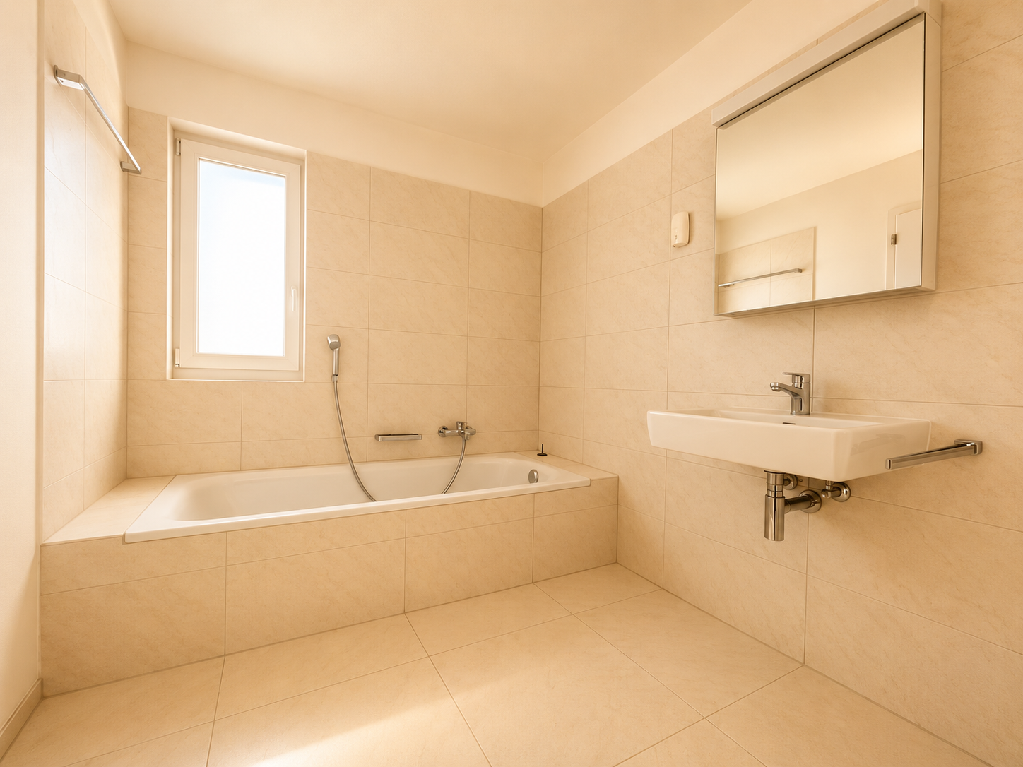 Helles Badezimmer mit Badewanne und Waschtisch